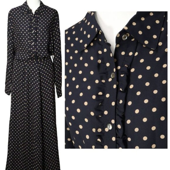 Dresses & Skirts - Talbots Sz 14 Blouse & Maxi Skirt Set Navy Blue / Khaki Polka Dot 100% Silk